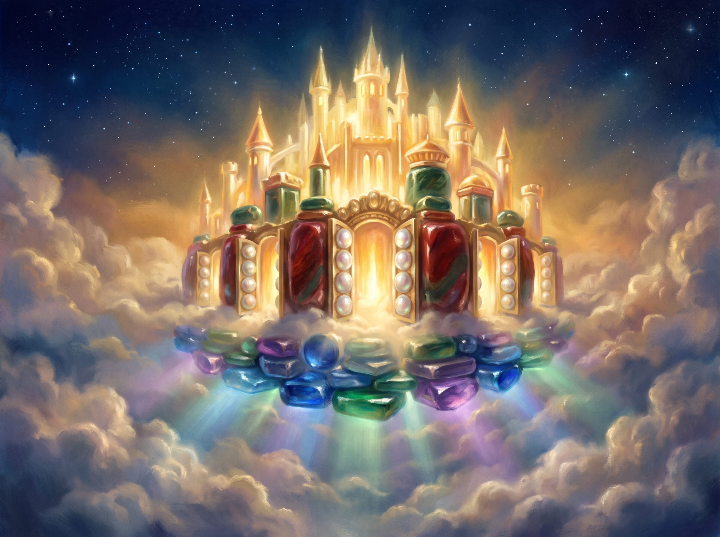 A radiant celestial city of gold descending from a starlit sky, symbolic of the New Jerusalem explored in the book